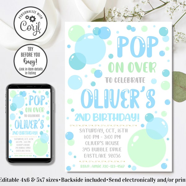 Editable Bubble Invitation, Bubble Birthday Invitation, Pop On Over, 4x6 & 5x7