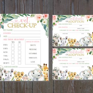 May include: A set of printable stationery with a floral and animal theme. Includes a "Vet Check-Up" form and "Certificate of Adoption" cards. The designs feature watercolor illustrations of baby animals and flowers.