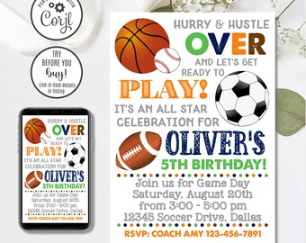 Op de afbeelding: Een sportthema verjaardagsuitnodiging met een basketbal, honkbal, voetbal en American football. De uitnodigingstekst luidt "Hurry & Hustle Over" en "Let's Get Ready to Play!" voor Oliver's 5e verjaardag.