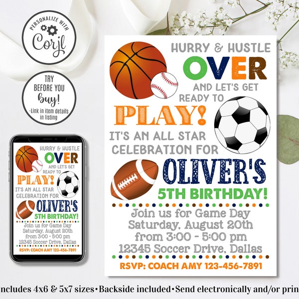Editable Sports Birthday Invitation, Sports Invitation, Football Invitation, Soccer Invitation, 4x6 & 5x7