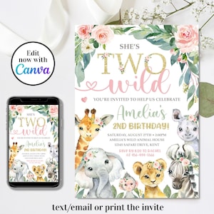 May include: A birthday invitation with the text "She's Two Wild" and "Amelia's 2nd Birthday!" features watercolor illustrations of a giraffe, elephant, lion, zebra, and other animals. The invitation is available to text/email or print.