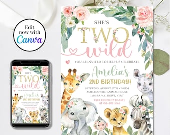 Editable Safari Birthday Invitation, Girl Two Wild Invitation, Jungle Animals Invitation, 2nd Birthday Invitation, 4x6 & 5x7