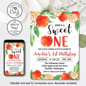 Editable Apple Birthday Invitation, Sweet One Birthday Invitation, Fall 1st Birthday, 4x6 & 5x7