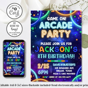 Editable Arcade Party Birthday Invitation, Glow Arcade Invitation, Gamer Invitation, Arcade Invitation, Game On, 4x6 & 5x7