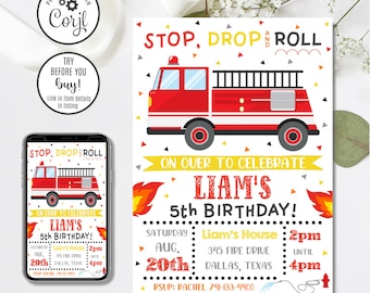 Editable Fireman Birthday Invitation, Fireman Invitation, Stop Drop and Roll, 4x6 & 5x7