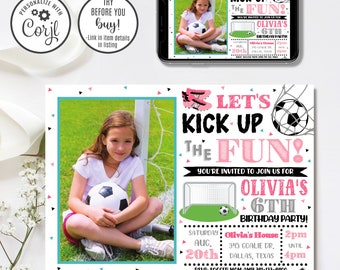 Editable Soccer Invitation, Girl Soccer Birthday Invitation, Sports Invitation, Kick Up Some Fun, 4x6 & 5x7