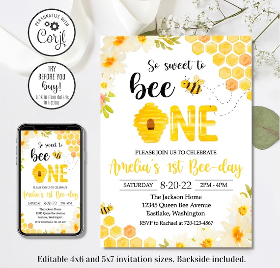 Editable Bee Birthday Invitation, Bee Invitation, 1st Bee-day Invitation, 4x6 & 5x7