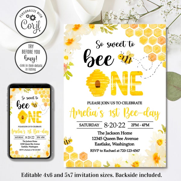 Editable Bee Birthday Invitation, Bee Invitation, 1st Bee-day Invitation, 4x6 & 5x7