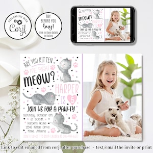 Bewerkbare kittenverjaardagsuitnodiging, kittenuitnodiging, Are You Kitten Me Right Meow, roze en paars, 4 x 6 en 5 x 7