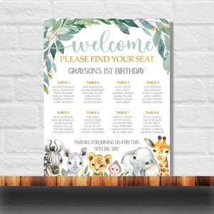 Bewerkbare Safari zitplaatsen grafiek, Wild One zitplaatsen grafiek, Wild One verjaardag teken, Jungle dieren verjaardag poster, 1e verjaardag zitplaatsen grafiek