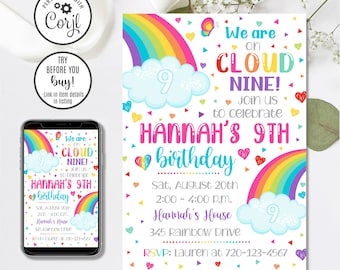 Editable Cloud 9 Invitation, 9th Birthday Invitation, Rainbow Invitation, Cloud Nine Birthday, 4x6 & 5x7