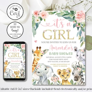 Editable Safari Baby Shower Invitation, It&#39;s A Girl Baby Shower Invitation, Jungle Animals Baby Shower Invitation, 4x6 & 5x7