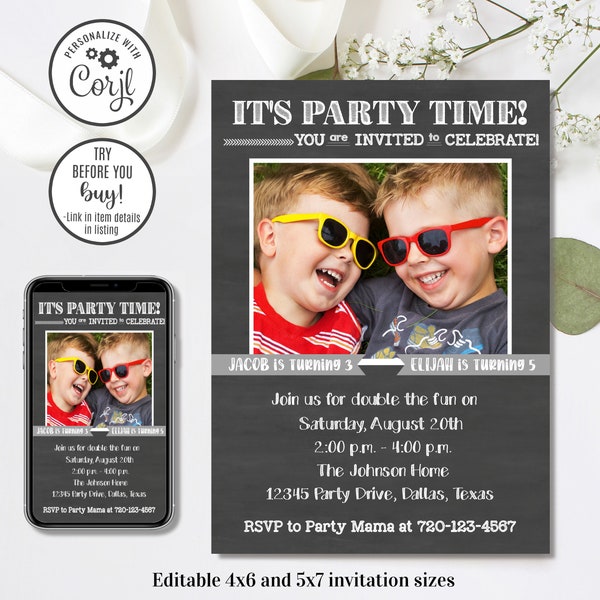 Editable Double Birthday Invitation, Joint Birthday Invitation, Two Birthdays, 4x6 & 5x7