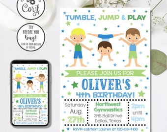 Editable Boy Gymnastics Invitation, Gymnastics Birthday Invitation, Gym Birthday Invitation, 4x6 & 5x7
