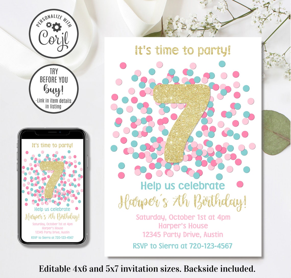 Editable 7th Birthday Invitation Seventh Birthday Invitation - Etsy