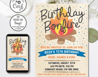 Birthday Bonfire Invitation Template, Editable Smores Invite