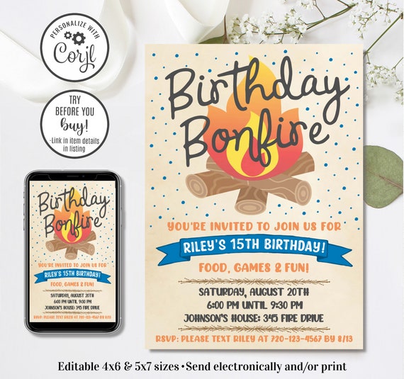 Birthday Bonfire Invitation Template, Editable Smores Invite