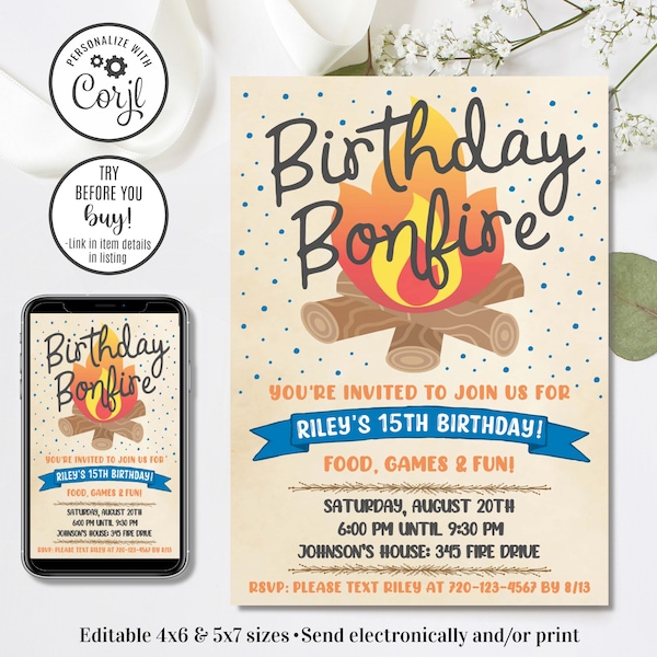 Editable Birthday Bonfire Invitation, Bonfire Invitation, Camping Invitation, Smores Invitation, 4x6 & 5x7