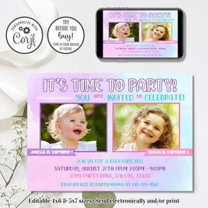 Editable Sisters Invitation, Girls Joint Birthday Invitation, Double Birthday Invitation, 4x6 & 5x7