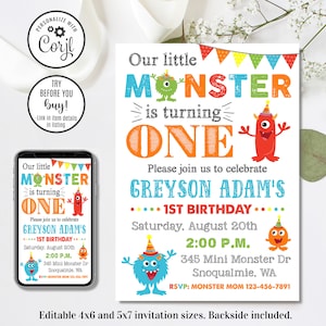 Editable Monster Invitation, Monster Birthday Invitation, Our Little Monster, 4x6 & 5x7