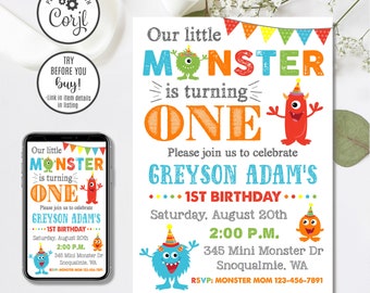 Bewerkbare Monster uitnodiging, Monster verjaardagsuitnodiging, ons kleine Monster, 4x6 & 5x7