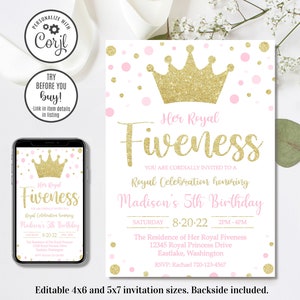 Modifiable son invitation Royal Fiveness, Invitation d'anniversaire Royal Fiveness, Invitation princesse, 4 x 6 & 5 x 7