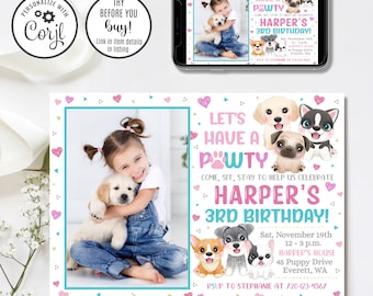 Puede incluir: Una invitación de cumpleaños imprimible con un esquema de color rosa, azul y dorado. La invitación presenta una foto de una niña sosteniendo un cachorro. El texto de la invitación dice "Let's Have a Pawty! Come, sit, stay to help us celebrate Harper's 3rd Birthday!" La invitación también incluye la fecha, la hora y la ubicación de la fiesta.