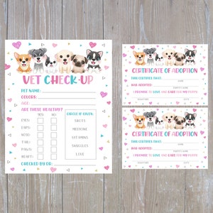 Letreros editables para fiesta de cachorros, letrero de cumpleaños para revisión veterinaria, certificado de adopción, póster de cumpleaños con la frase "Puppy Pawty", adopta un cachorro