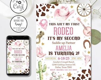 Cowgirl Second Rodeo Birthday Invitation, Editable Girl 2nd Birthday Invite