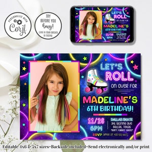 Glow Roller Skate Birthday Invitation Template, Editable