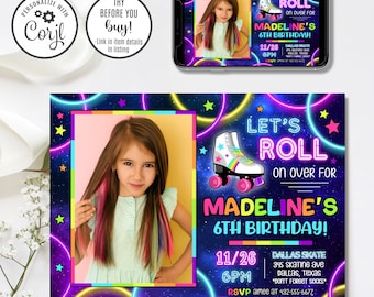 Editable Roller Skate Birthday Invitation, Glow Skating Invitation, Roller Skate Invitation, Glow Invitation, Skating Invitation, 4x6 & 5x7
