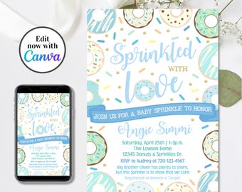 Editable Donut Baby Sprinkle Invitation, Donut Baby Shower Invitation, Boy Baby Shower, 4x6 & 5x7