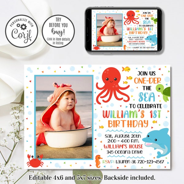 Editable Under the Sea Invitation, Under the Sea Birthday Invitation, One-der the Sea, 4x6 & 5x7