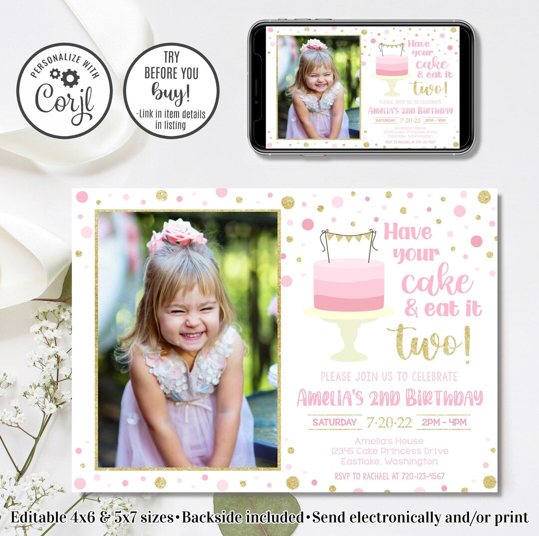 Editable Have Your Cake and Eat It Two Invitation, 2nd Birthday
