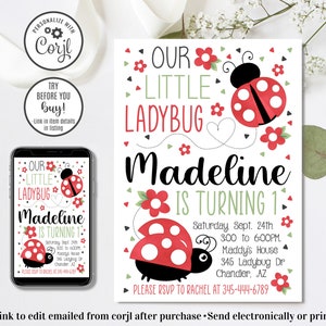 Editable Ladybug Birthday Invitation, Ladybug Invitation, Our Little Lady Invitation, 4x6 & 5x7