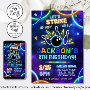 Editable Bowling Birthday Invitation, Glow Bowling Invitation, Bowling Invitation, Glow Invitation, Strike Up Some Fun, 4x6 & 5x7