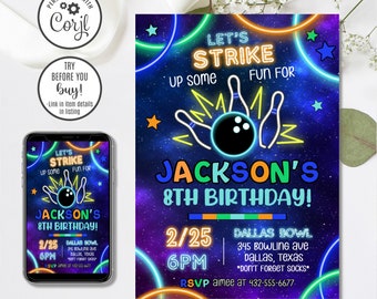 Faire-part d'anniversaire bowling modifiable, invitation bowling phosphorescent, invitation bowling, invitation phosphorescente, amusez-vous, 4 x 6 et 5 x 7