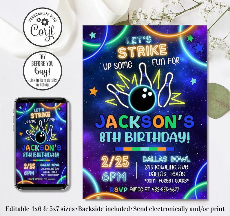 Editable Bowling Birthday Invitation, Glow Bowling Invitation, Bowling Invitation, Glow Invitation, Strike Up Some Fun, 4x6 & 5x7 image 1