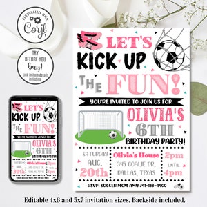 Bewerkbare voetbaluitnodiging, meisjesvoetbalverjaardagsuitnodiging, meisjessportuitnodiging, Kick Up the Fun, 4 x 6 & 5 x 7