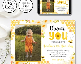 Tarjeta de agradecimiento de cumpleaños con diseño de abeja, editable (descarga digital)