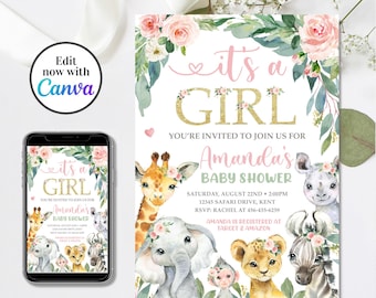 Editable Safari Baby Shower Invitation, It's A Girl Baby Shower Invitation, Jungle Animals Baby Shower Invitation, 4x6 & 5x7