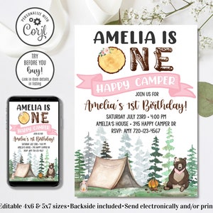 Editable Happy Camper Invitation, One Happy Camper Birthday Invitation, Girl 1st Birthday Invitation, 4x6 & 5x7