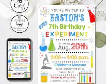 May include: A colorful invitation for a 7th birthday party with a science theme. The invitation features a beaker, test tubes, a microscope, and the text "You're invited to Easton's 7th Birthday Experiment". The party is on Saturday, August 20th from 2:00 to 4:00 p.m. at the Children's Museum.
