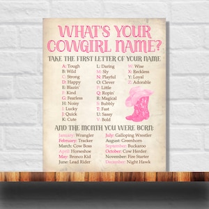 Quel est votre nom de cow-girl imprimable, jeu de prénoms de cow-girl, anniversaire de cow-girl, téléchargement immédiat