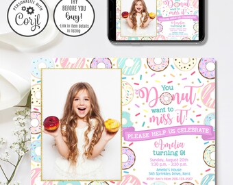 Donut Birthday Invitation Template, Girl Donut Party Invite (Instant Download)