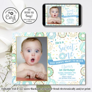 Editable Donut Invitation, Sweet One Invitation, Donut 1st Birthday, Boy 1st Birthday, 4x6 & 5x7