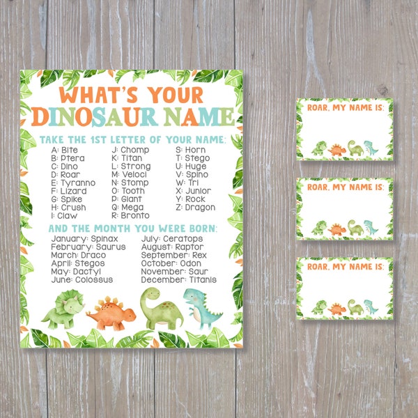 What's Your Dinosaur Name Printable, Dinosaur Name Game, Dinosaur Birthday Sign, Dinosaur Party, Instant Download