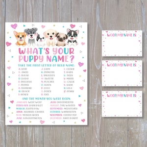 Op de afbeelding: Een printbaar spel voor een babyshower of gender reveal party. Het spel vraagt "Wat is de naam van je puppy?" en vraagt gasten om de eerste letter van hun naam te nemen en de bijbehorende puppynaam op de lijst te vinden. Het spel bevat ook een lijst met puppynamen voor elke maand van het jaar. Het spel is versierd met schattige cartoon-puppy's.