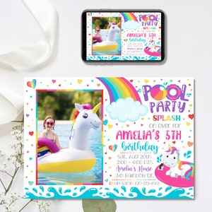 Editable Unicorn Pool Party Invitation, Pool Party Birthday Invitation, Pool Party Invitation, 4x6 & 5x7