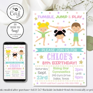 Bearbeitbare Gymnastik-Geburtstags-Einladung, Gymnastik-Einladung, Tumble Jump and Play, 4x6 & 5x7